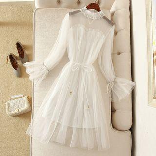 Sequined Mesh Long-sleeve A-line Dress