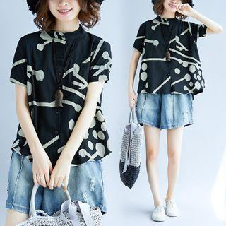 Short-sleeve Graphic Print Stand Collar Shirt