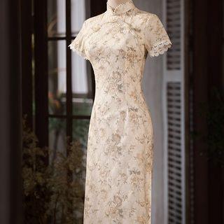 Short-sleeve Floral Faux Pearl Midi Qipao
