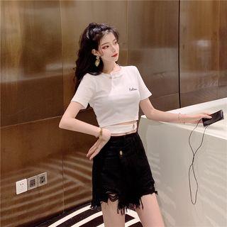 Letter Embroidered Short-sleeve Cutout Cropped T-shirt