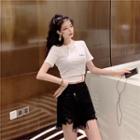 Letter Embroidered Short-sleeve Cutout Cropped T-shirt