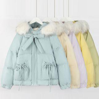 Ribbon-accent Faux Fur-trim Hooded Padded Coat In 6 Colors