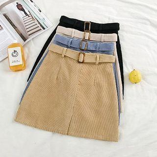 Plain High-waist Corduroy A-line Skirt