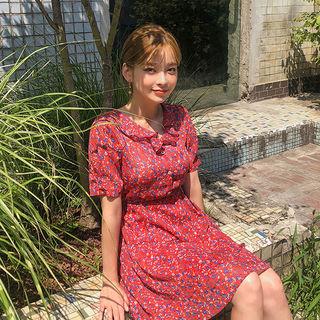 Frill-collar Shirtwaist Floral Chiffon Dress