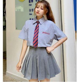 Set: Short-sleeve Embroidered Shirt + Tie