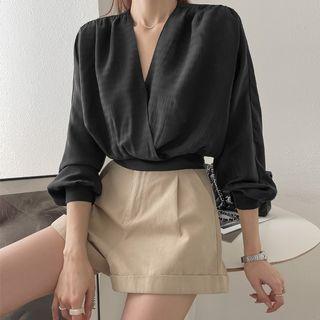 Dolman-sleeve Cropped Wrap Blouse