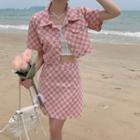 Short-sleeve Checkerboard Button-up Jacket / Mini Skirt