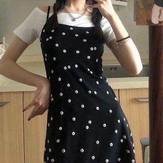 Flower Print Spaghetti Strap Mini A-line Dress Black - One Size