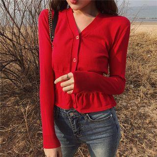 Long-sleeve Ruffle Hem Cardigan Red - One Size