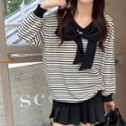 V-neck Bow-accent Striped Sweatshirt Black & White - One Size