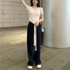 Short-sleeve Plain T-shirt / Drawstring Wide Leg Pants