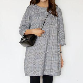 Long-sleeve Glen-plaid Shift Dress