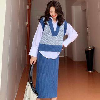 Shirt / Cropped Vest / Midi Knit Skirt / Set