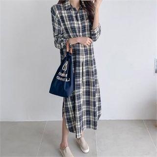Open-placket Plaid Shirtdress