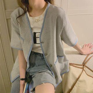 Short-sleeve Plaid Cardigan Gray - One Size