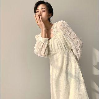Square-neck Lace Floral A-line Dress