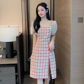 Short-sleeve Square-neck Plaid Midi Dress