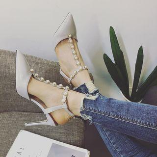Faux-pearl T-strap Pointy-toe High-heel Pumps