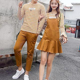 Couple Matching Long-sleeve Lettering Striped T-shirt/ Ruffle-hem Pinafore Dress/ Cropped Straight Cut Pants