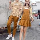Couple Matching Long-sleeve Lettering Striped T-shirt/ Ruffle-hem Pinafore Dress/ Cropped Straight Cut Pants