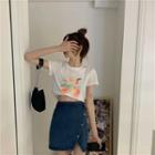 Short-sleeve Fruit Print T-shirt / Irregular Fitted Mini Denim Skirt