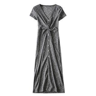 Short-sleeve Buttoned Twist-front Knit A-line Dress