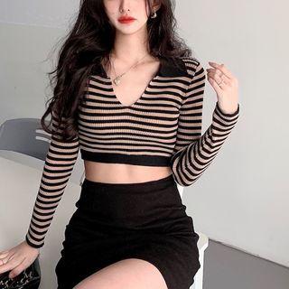 Open Placket Striped Cropped Knit Top Stripe - Black & Khaki - One Size