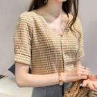 Gingham Short-sleeve V-neck Blouse
