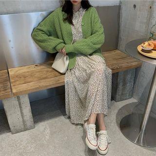 Plain Cardigan / Floral Long-sleeve Midi Dress