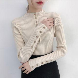 Mock Neck Frayed Ribbed Knit Top