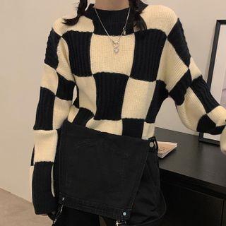 Checkerboard Sweater / Straight Leg Denim Dungaree Pants