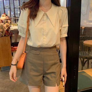 Set: Puff-sleeve Peter Pan-collar Plain Blouse + High-waist Plain Hem-slit Shorts