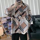 Geometric Print Elbow-sleeve Button-down Shirt