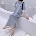 Short-sleeve Plain Striped Crew-neck Embroidered Loose-fit Long Dress