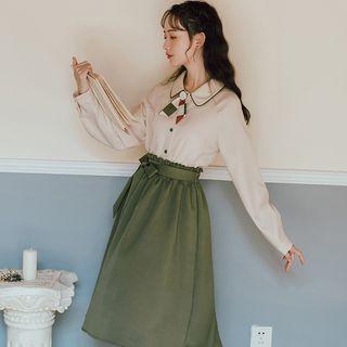 Set: Paneled Tie-neck Blouse + Tie-waist Midi A-line Skirt