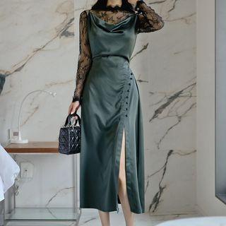 Long-sleeve Lace Top / Spaghetti Strap Satin A-line Midi Dress