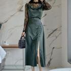 Long-sleeve Lace Top / Spaghetti Strap Satin A-line Midi Dress