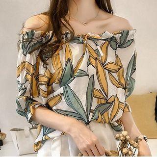 Off-shoulder Elbow-sleeve Floral Print Blouse