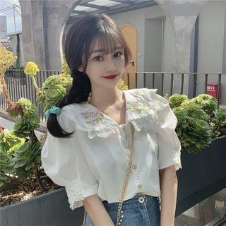 Puff-sleeve Collared Floral Embroidered Blouse