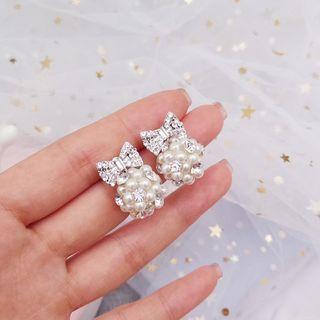 Faux Pearl Rhinestone Bow Earring