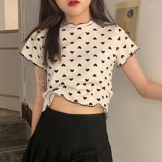 Heart Print Lettuce Edge Cropped T-shirt