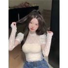 Set: Short-sleeve Lace Top + Oversleeves Set Of 2 - Top & Oversleeves - White - One Size