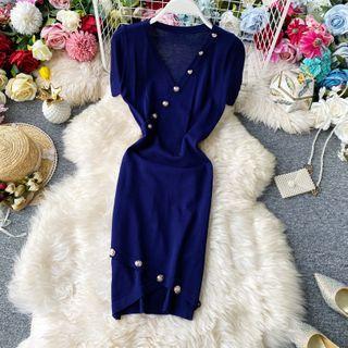 V-neck Button-detail Short-sleeve Knit Dress