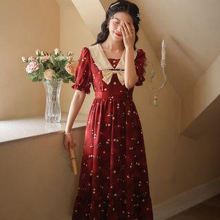 Short-sleeve Sailor Collar Bow Floral Print Midi A-line Dress