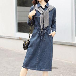 Denim Tie-waist Midi A-line Dress