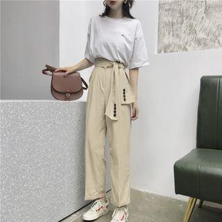 Crew-neck Elbow-sleeve T-shirt / High Waist Wide-leg Pants