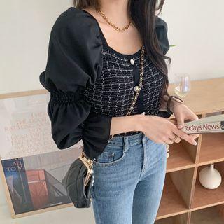 Puff-sleeve Tweed Cropped Blouse