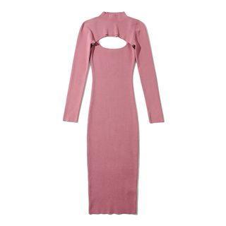 Set: Long-sleeve Top + Strappu Midi Sheath Dress Set Of 2 - Top & Dress - Pink - One Size