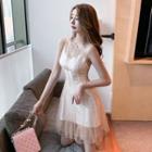 Set: Sleeveless Sheer A-line Dress + Slipdress