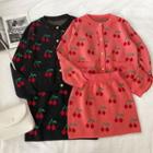 Cherry Print Long-sleeve Knit Cardigan / High-waist Skirt